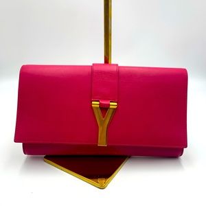 Auth Yves Saint Laurent Fuschia Clutch with Classic Gold Y Luxury Designer Mint